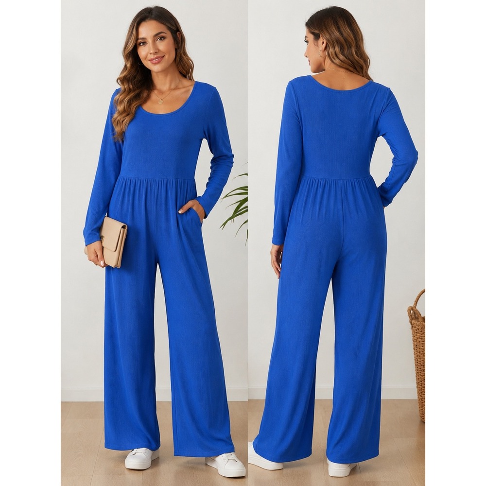 PrettyGarden Womens Royal Blue Ribbed Long Sleeve Wide Leg Jumpsuit Large Pocket